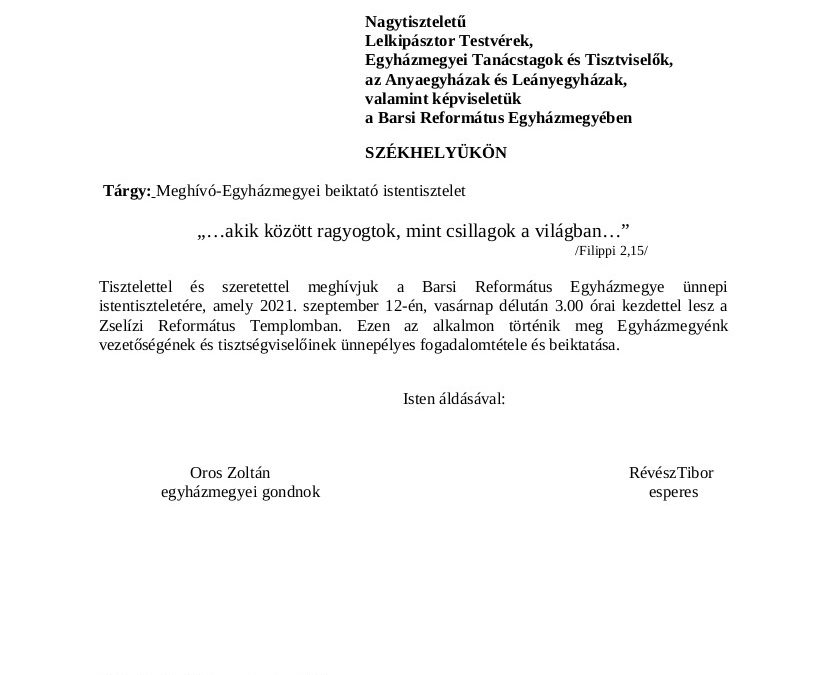 Meghívó – Egyházmegyei beiktató istetnisztelet